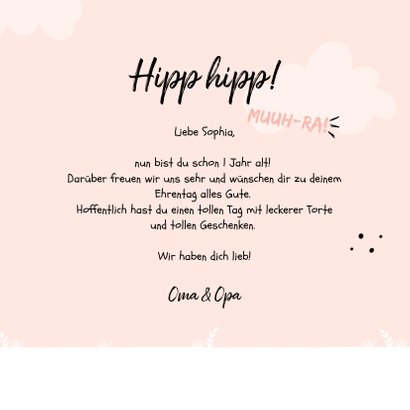 Rosa Glückwunschkarte Kindergeburtstag freundliche Kuh 3
