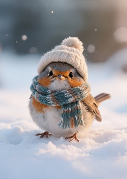 Rotkehlchen im Schnee Weihnachtskarte Mütze und Schal 2