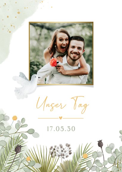 Save the Date Hochzeitskarte zwei weiße Tauben grüne Zweige 2