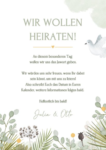 Save the Date Hochzeitskarte zwei weiße Tauben grüne Zweige 3