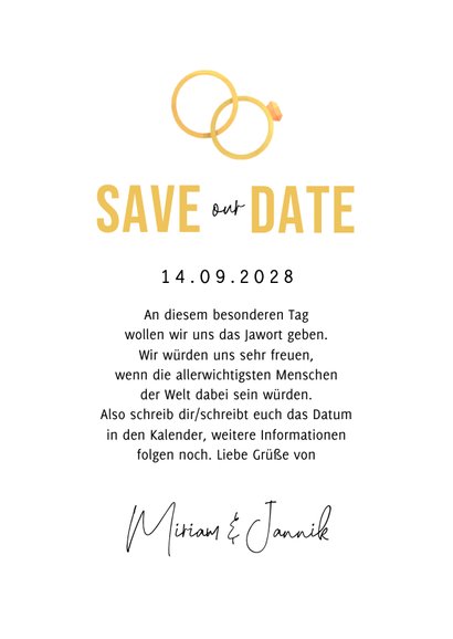 Save-the-Date-Karte Ehepaar Fußfessel Golddruck 3