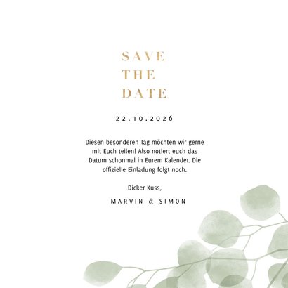 Save-the-Date-Karte eleganter Eukalyptus Foto innen 3