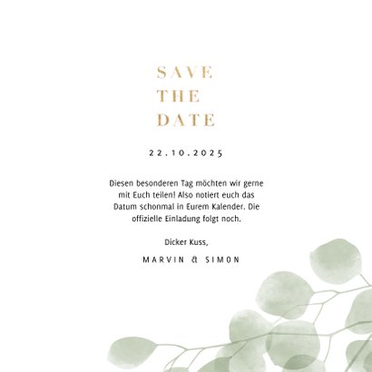 Save-the-Date-Karte eleganter Eukalyptus Foto innen 3