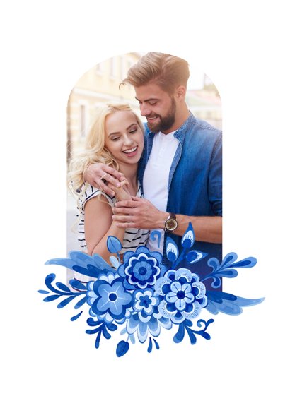 Save-the-Date-Karte Hochzeit Delfter Blau Blumendekor 2