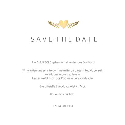 Save-the-Date-Karte Hochzeit mit goldenen Tauben und Herz 3