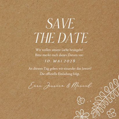 Save-the-Date-Karte Hochzeit weiße Blumen Kraftlook-Papier 3