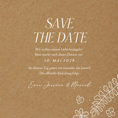 Save-the-Date-Karte Hochzeit weiße Blumen Kraftlook-Papier 3