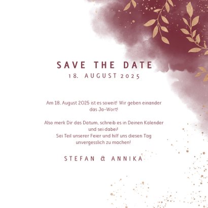 Save-the-Date-Karte mit Foto in rot mit goldenen Zweigen 3