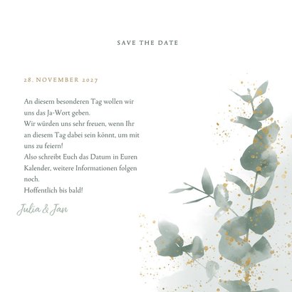 Save-the-Date-Karte zur Hochzeit Eukalyptus, Gold & Foto 3