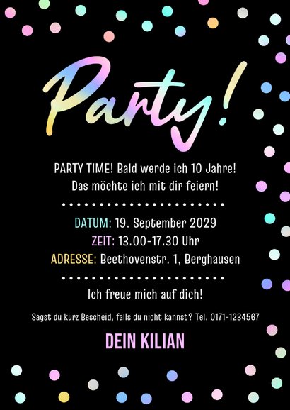 Schwarze Partyeinladung bunte Konfetti 10. Kindergeburtstag 3