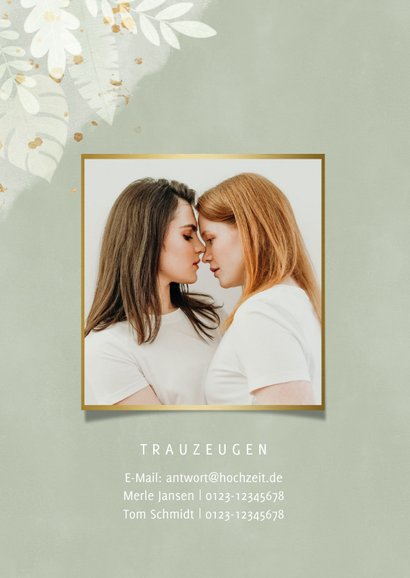 Stilvolle Hochzeitseinladung Dschungelblätter und Foto innen 2