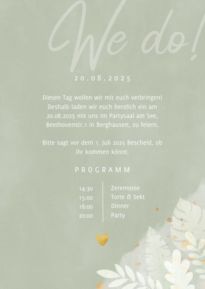 Stilvolle Hochzeitseinladung Dschungelblätter und Foto innen 3