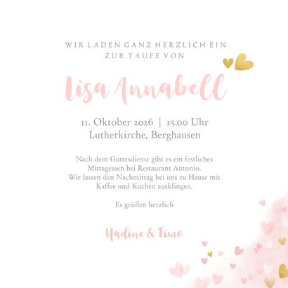 Süße Taufeinladung Foto & Herzen auf Aquarell 3