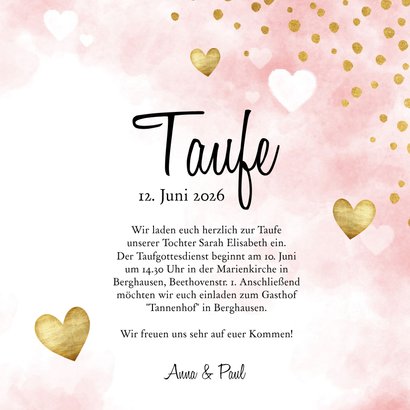 Taufeinladung Aquarell rosa Punkte und Herzen Foto innen 3