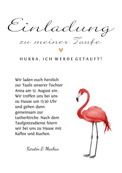 Taufeinladung Flamingo, Blumen und Herzen 3