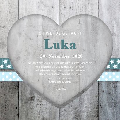 Taufeinladung Foto und Holzherz blaue Bänder 3