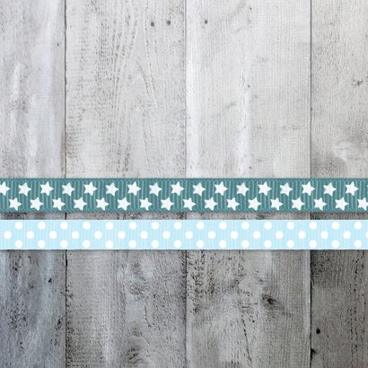 Taufeinladung Foto und Holzherz blaue Bänder Rückseite