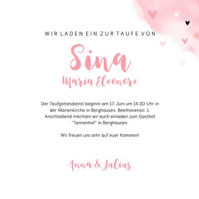 Taufeinladung rosa Aquarell mit Herzen Foto innen 3