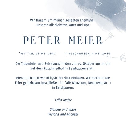 Trauerkarte Einladung Wasserfarbe blau Pusteblume 3