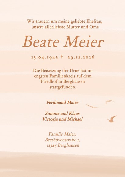 Trauerkarte Foto Beige Aquarell Vögel 3