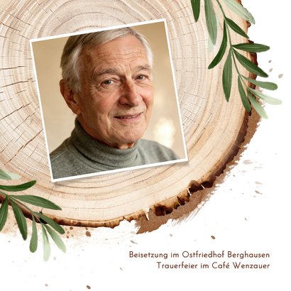 Trauerkarte Fotocollage Holzstamm mit Zweigen Trauerfeier 2