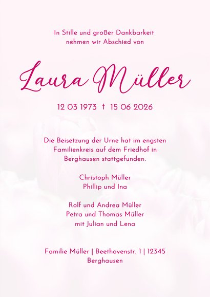 Trauerkarte pinke Tulpen Fotografie Trauermitteilung 3