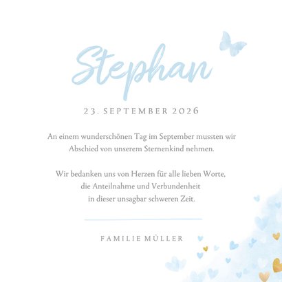 Trauerkarte Schmetterlingskind Blau Aquarell Herzen 3
