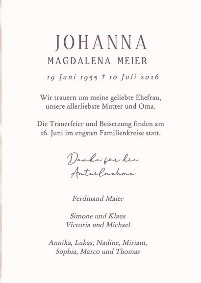 Trauerkarte weiße Blüte rosa Name minimalistisch 3