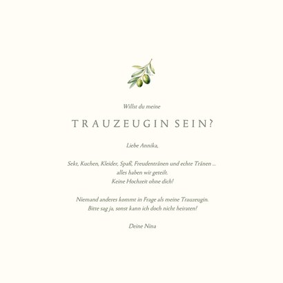 Trauzeugin Fragen zur Hochzeit Olivenzweig schlicht Rückseite