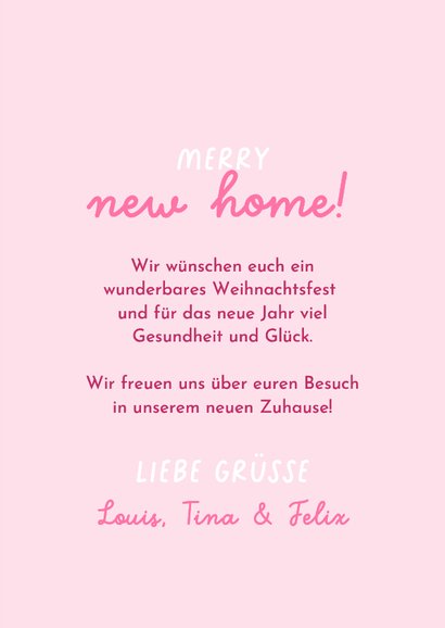 Weihnachtliche Umzugskarte pink mit Lebkuchenhaus 3