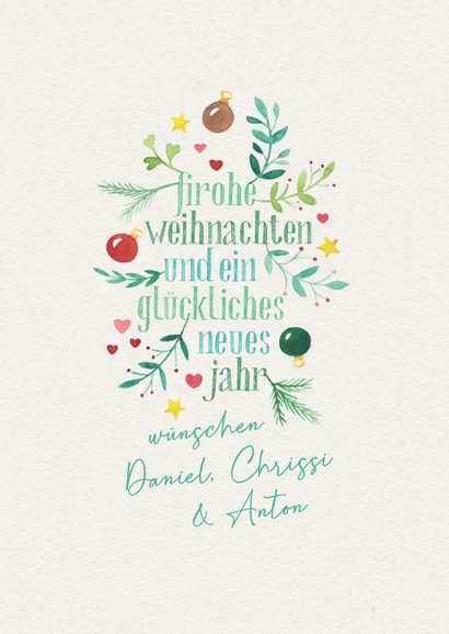 Weihnachtsgrüße Aquarell Zweige & Weihnachtskugeln 3