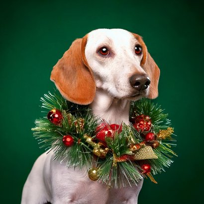 Weihnachtskarte Hund mit Weihnachtskranz 'Merry Christmas' 2