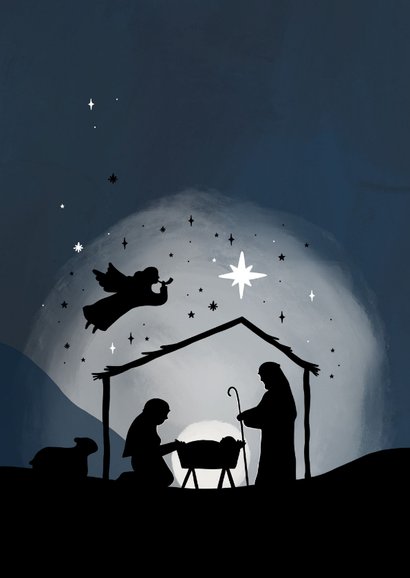 Weihnachtskarte Krippe Stall blauer Nachthimmel Stern 2