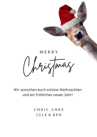 Weihnachtskarte lustige Rehe mit Weihnachtsmütze 3