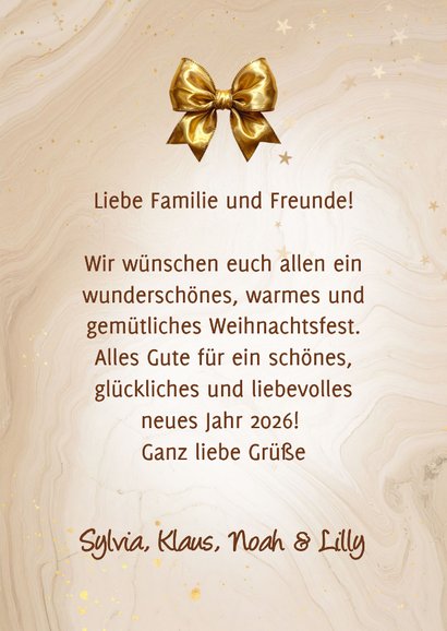 Weihnachtskarte mit goldener Christbaum Kugeln und Schleifen 3