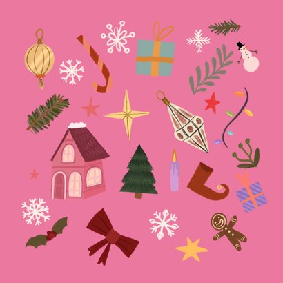Weihnachtskarte pink bunte Ornamente  Rückseite
