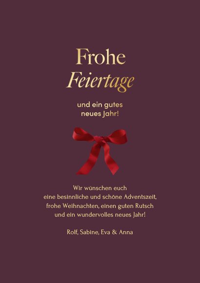 Weihnachtskarte rote Schleife auf Lila 'Frohe Feiertage' 3