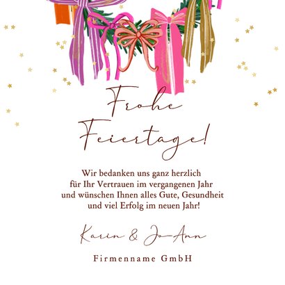 Weihnachtskarte Weihnachtskranz mit Schleifen rosa bunt Logo 3