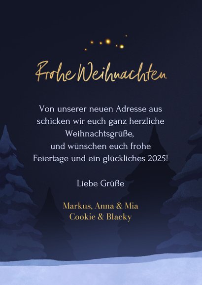 Weihnachtskarte zum Umzug Hund & Katze im Schnee 3