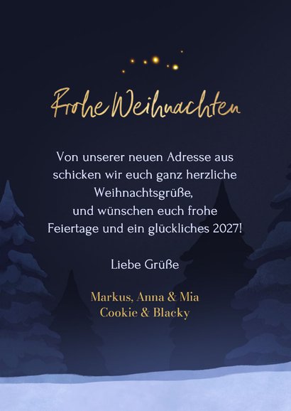 Weihnachtskarte zum Umzug Hund & Katze im Schnee 3