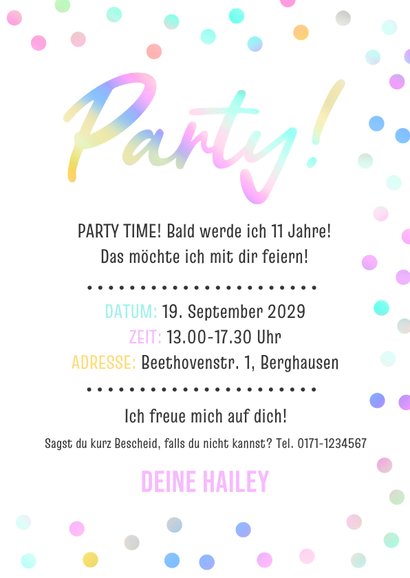 Weiße Partyeinladung bunte Konfetti 11. Kindergeburtstag 3