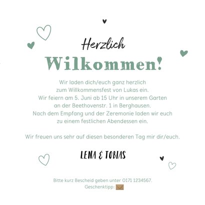 Willkommensfest Einladung grün Schilder & Wäscheleine 3