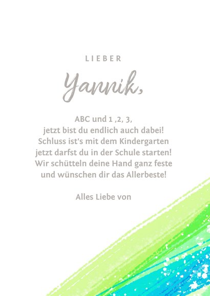 Zum Schulanfang Glückwunschkarte grüne Pinselstriche 3