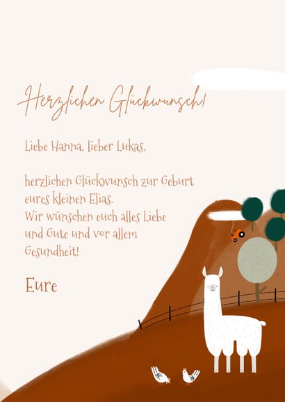 Zur Geburt Glückwunschkarte Landschaft mit Alpaka 3