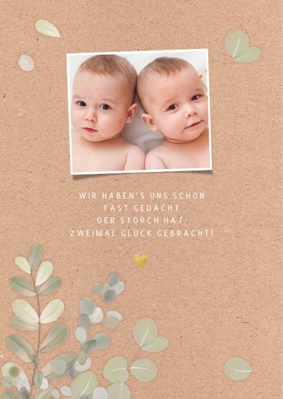 Zwilling Geburtskarte Kraft, Golddruck & zarte Blätter 2