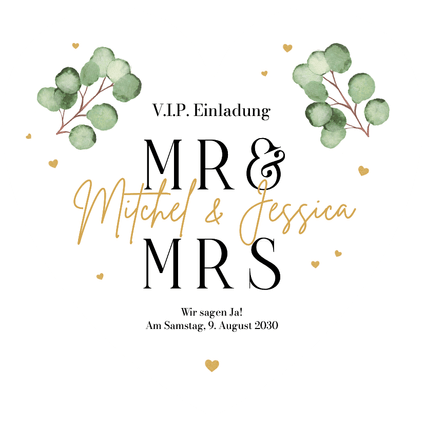 Hochzeitseinladung Herzkarte Eukalyptuszweige Aquarell