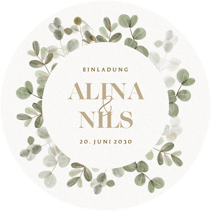 Hochzeitseinladung runde Karte Auqarell Eukalyptuskranz