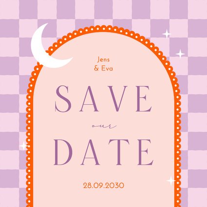 Save the Date Karte Lila Kariert mit Bogen
