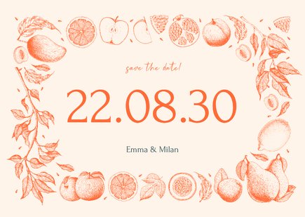 Vintage Save-the-Date Karte Früchte Linienzeichnung Hochzeit