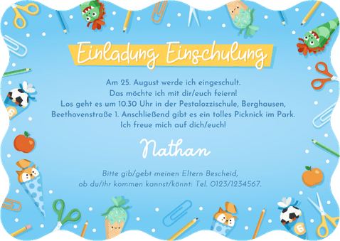 Blaue Foto-Einladung 1. Schultag Wellenform bunte Symbole Rückseite